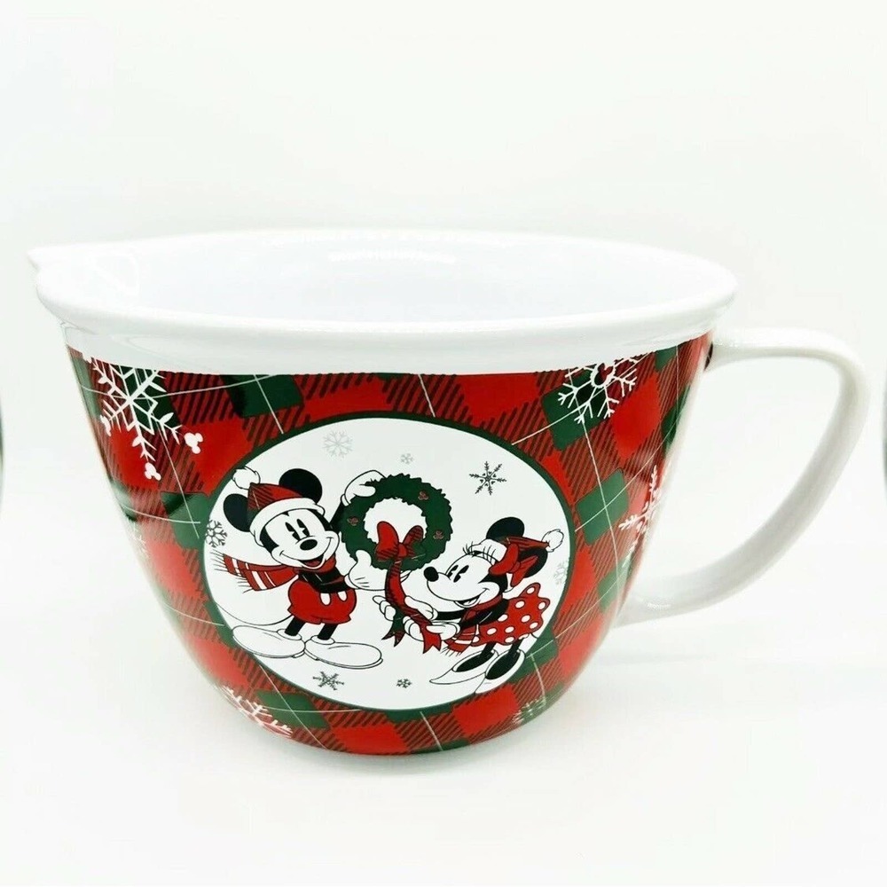 Disney Ceramic Mixing Bowl Mickey Mouse Minnie Christmas Holiday Plaid